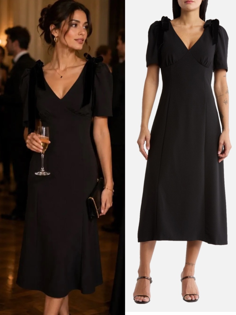 NEW ASTR TheLabel BLACK CREPE V-Neck BOW SHOULDER Puff Sleeve MIDI DRESS S